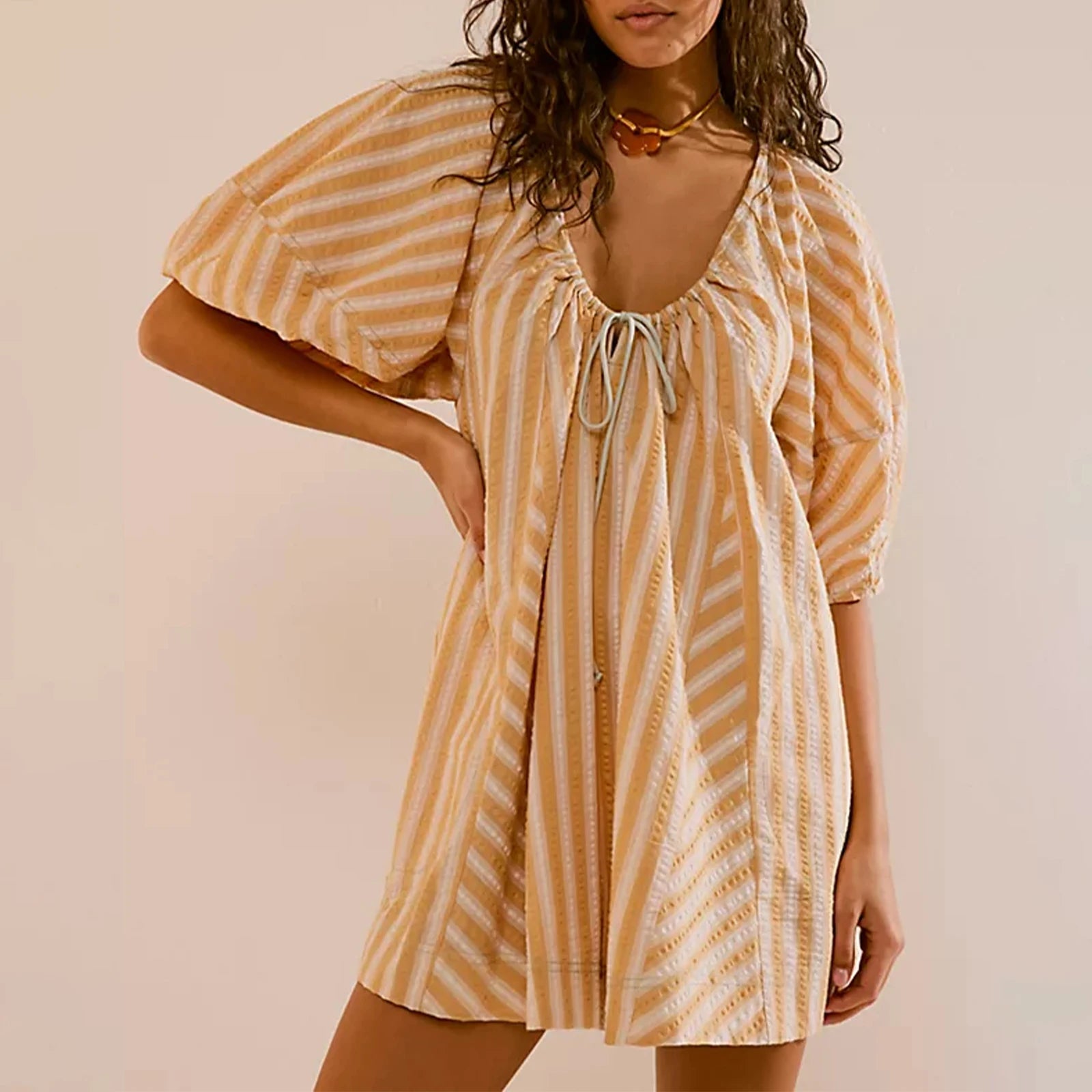 Fashion Women Y2k Rompers Dress Sexy Loose Puff Sleeve V Neck Striped Jumpsuits Shorts Summer Trendy Overalls Dresses