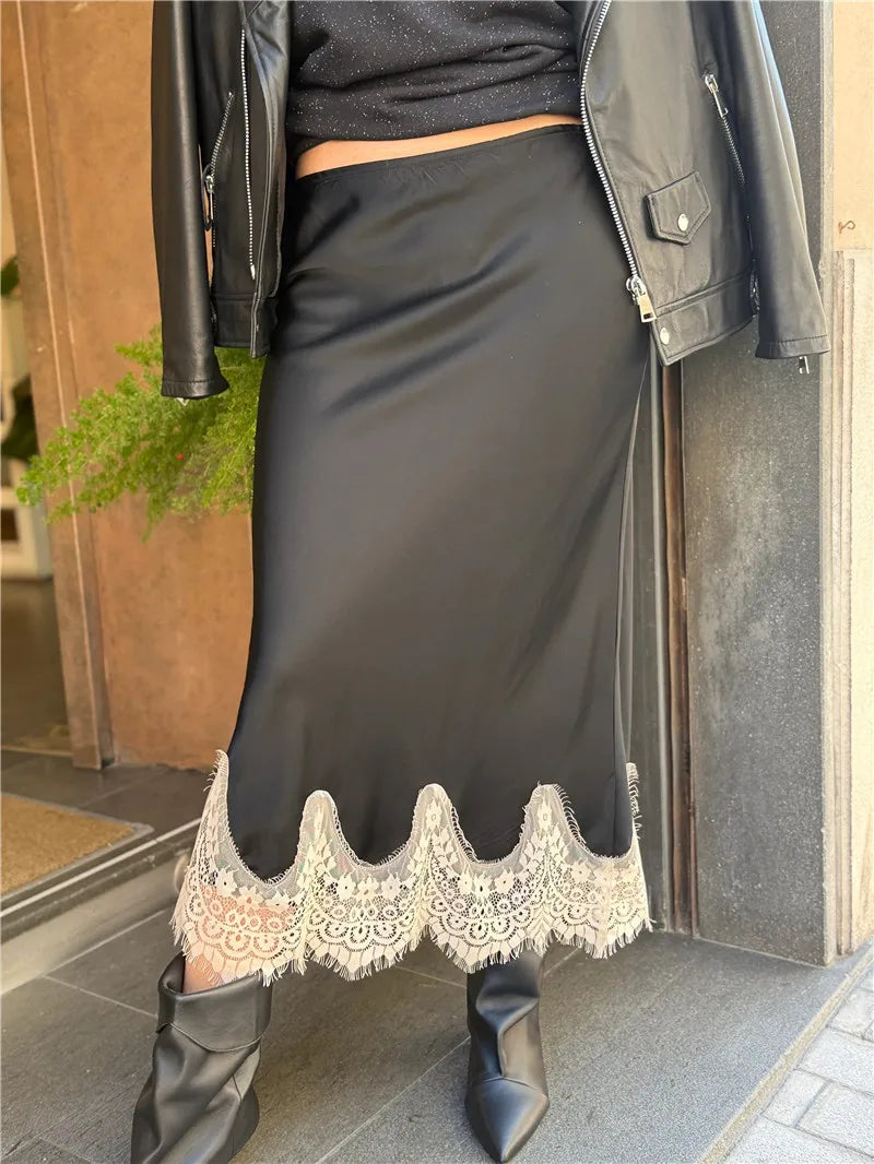 VacationGrabs Women Elegant Lace Satin Spliced Midi Skirts Sexy Dots Print High Waist Retro Casual Straight Midi Skirts Y2K Streetwear