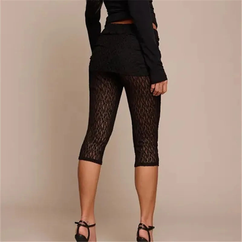 VacationGrabs Women Lace Cropped Leggings with Skirt Overlay See Through Mesh Capri Pants High Waist Ruched Summer Casual Streetwear