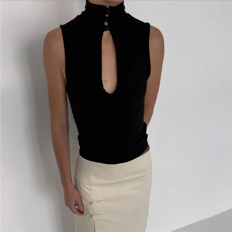 VacationGrabs Keyhole Cutout Tops for Women Y2K Mandarin Collar Shirt Sexy Fitted Hollow Out Tank Summer Fashion Going Out Tops