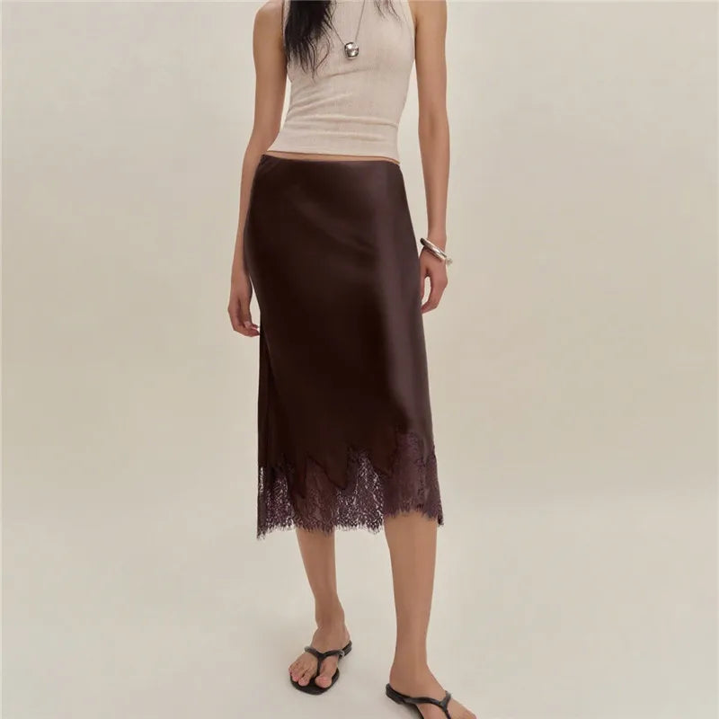 VacationGrabs Women Silk Satin Half Slip Long Skirts Lace Patchwork Elastic Waist Long Skirt Elegant Silky Flowy A Line Midi Skirts