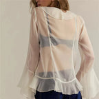 VacationGrabs Women Sheer Lace Ruffled Flowy Tops Chiffon Frilly Layered Bell Sleeve Pirate Top Sexy See Through Blouse Mesh Shirt