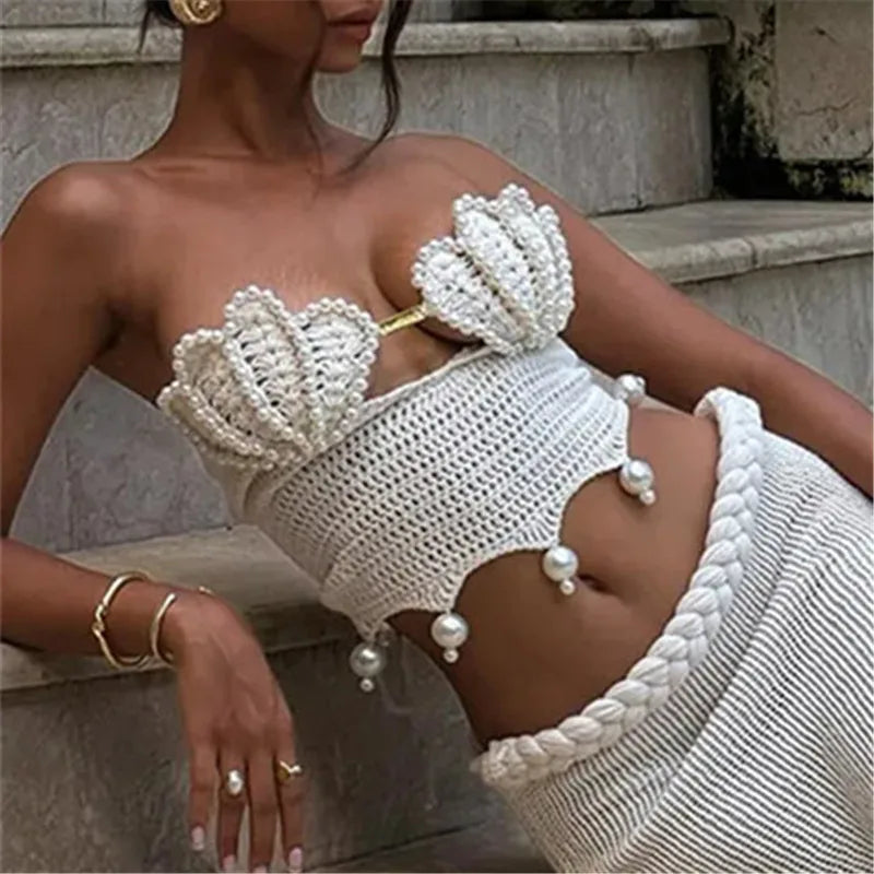 VacationGrabs Sexy Pearls Knit Tube Top Lady Chic Beach Sleeveless Hollow Out Slim Fit Short Tops Summer Women Holiday Beachwear