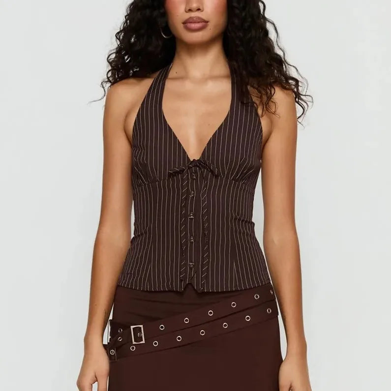 VacationGrabs Retro Pinstripe Halter Neck Crop Top Women Deep V Tie Front Button Down Sleeveless Slim Fit Y2K Tank Vest Streetwear