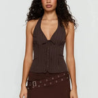 VacationGrabs Retro Pinstripe Halter Neck Crop Top Women Deep V Tie Front Button Down Sleeveless Slim Fit Y2K Tank Vest Streetwear