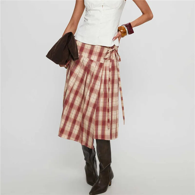 VacationGrabs Women Y2k Lace Up Ruffle Hem A Line Skirt Low Rise Plaid Midi Skirt Vintage Tie Up Gingham Tiered Skirt Streetwear