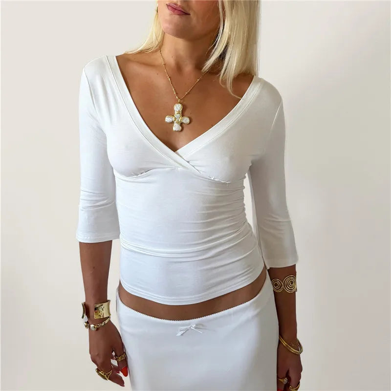 VacationGrabs Y2K Vintage Wrap V Neck Crop Top Ladies 3/4 Sleeve Ruched Slim Fitted Short Blouse Casual Going Out Streetwear Tops