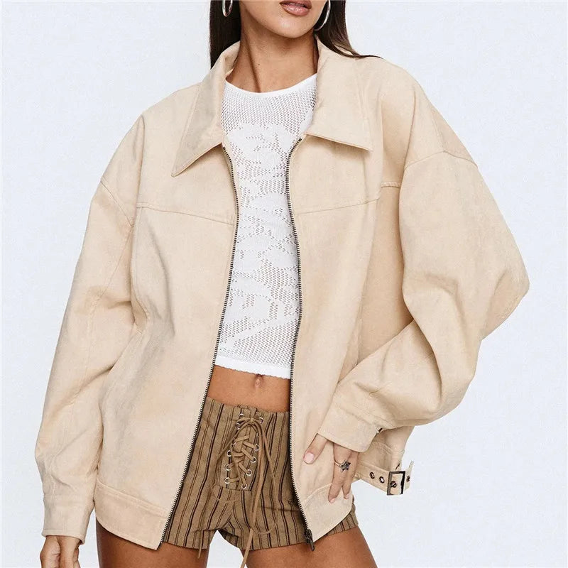 VacationGrabs Women Micro Biker Jacket Casual Loose Fit Stylish Solid Color Zip Up Collared Long Sleeve Coat Fall Spring Streetwear