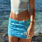 VacationGrabs Women Sparkly Sequined Mesh Ruched Skirt Low Waist Bodycon Beach Cover Up Sheer Wrap Mini Skirt Swimwear For Summer