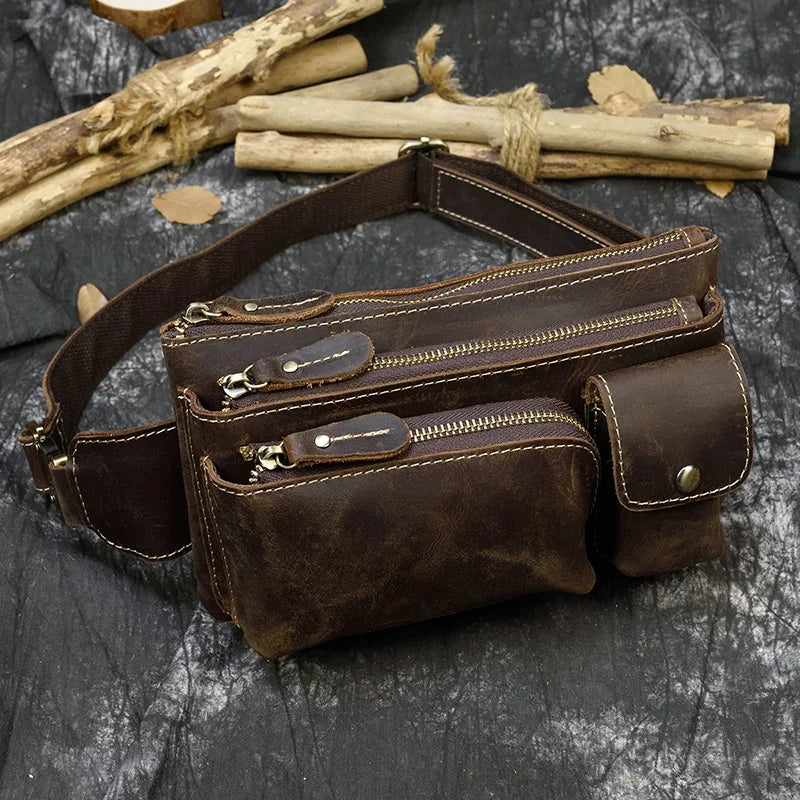 Newsbirds Genuine Leather Waist Bag Real Cowskin Leather Belt Pouch Mulit Pockets Leather Waist Packs Vintage Men's Fanny Pack