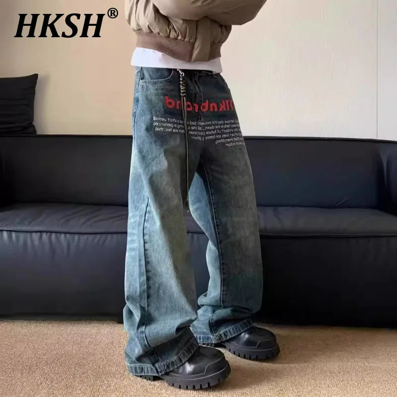 Vintage Baggy Letter Print Wide Leg Jeans for Men & Women