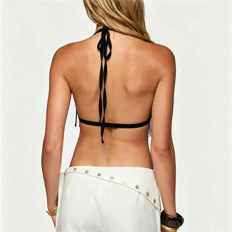 hirigin Y2K Solid Fringe Halter Neck Crop Cami Women Back Tie Sling Deep V Tassel Hem Slim Short Tank Top Daily Street Beachwear