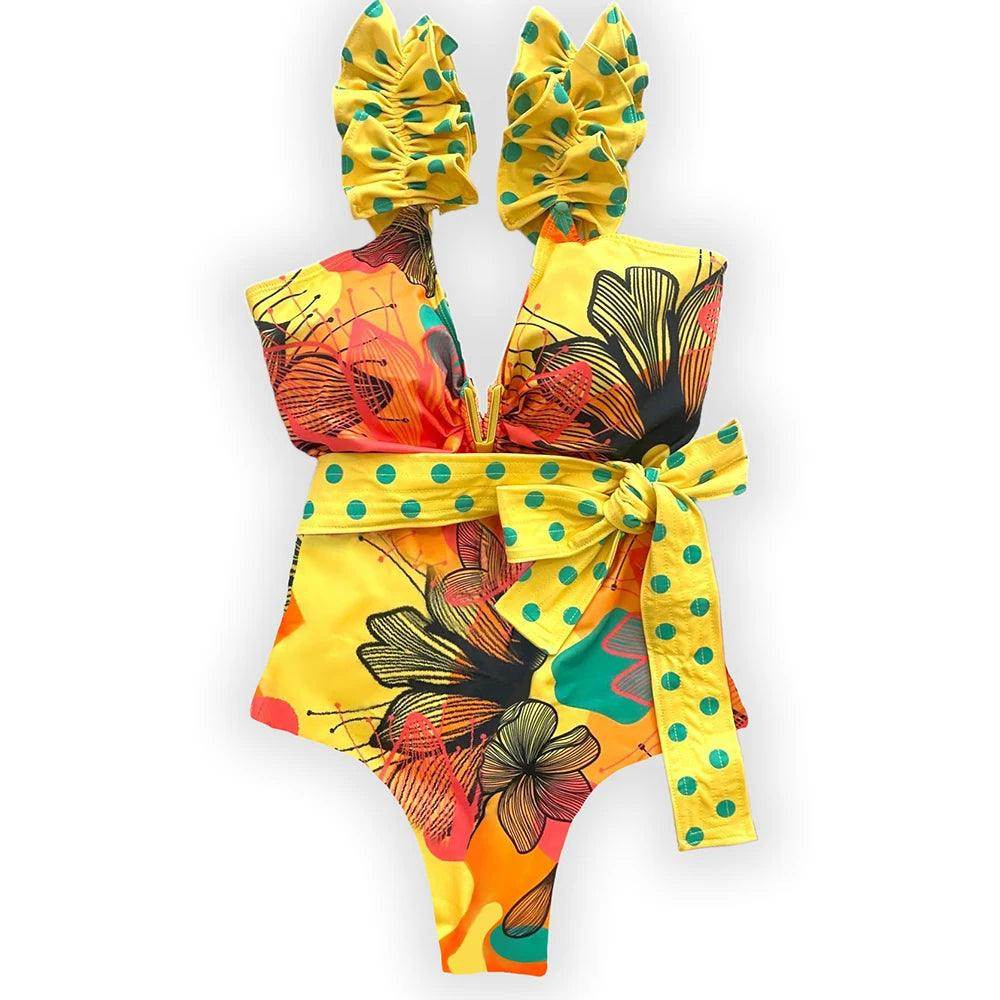Ruffle Print Floral One Piece Slimming Swimwear - VacationGrabs