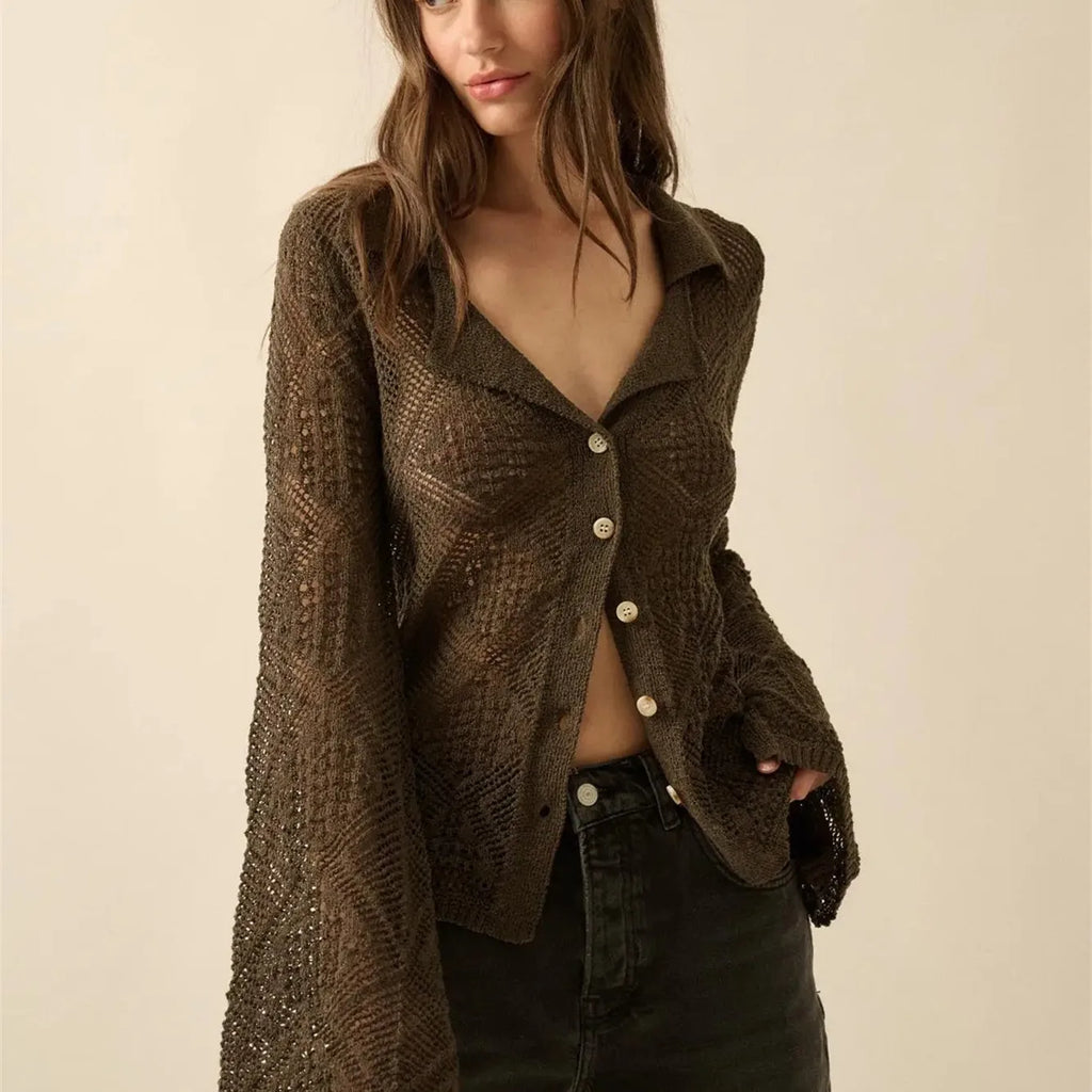 VacationGrabs Women Y2K Vintage Cardigan Knitted Hollow Out Sweater Tops Casual Fashion Top Casual Daily Wear Winter Fall Outerwear