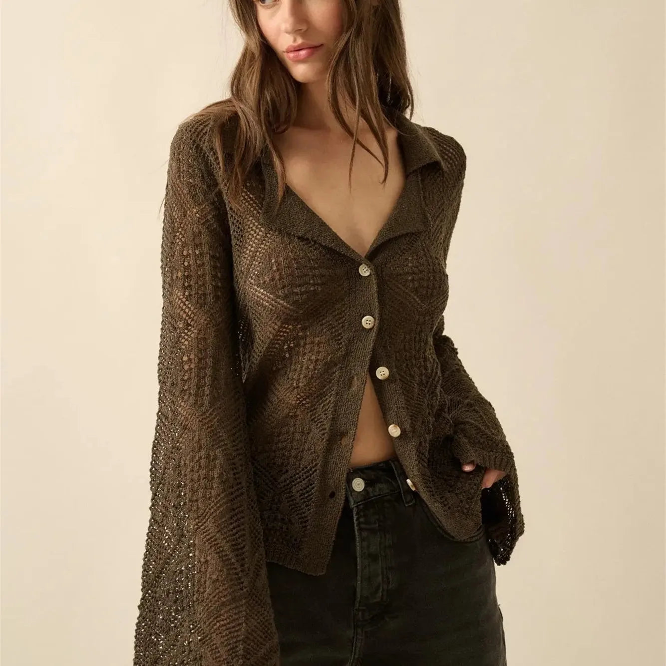 VacationGrabs Women Y2K Vintage Cardigan Knitted Hollow Out Sweater Tops Casual Fashion Top Casual Daily Wear Winter Fall Outerwear