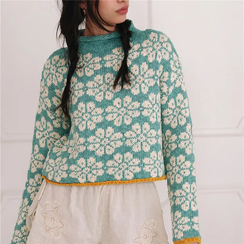 VacationGrabs Oversized Cropped Knit Sweater Women Roll Neck Floral Jacquard Pattern Contrast Trim Long Sleeve Loose Pullover Knit Top