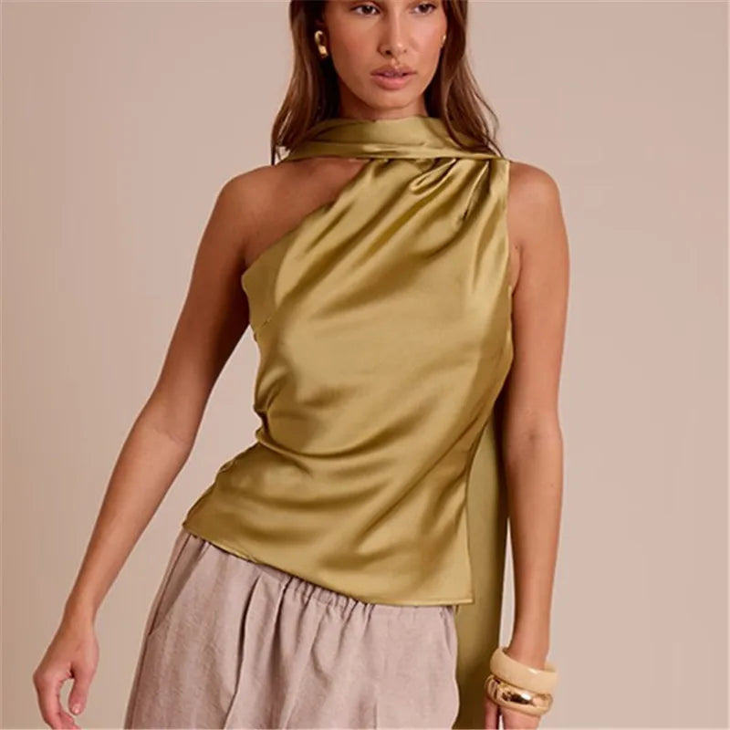 VacationGrabs Summer Satin Tank Top Fashion Solid Backless Sleeveless with Scarf Ribbon Tanks High-Street Party Vacation Women's Top