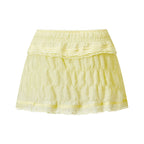VacationGrabs Women Lace Ruffle Tiered Mini Skort Elastic Waist Low Rise Flowy Micro Skirt Y2K Summer Casual Skirt With Inner Shorts