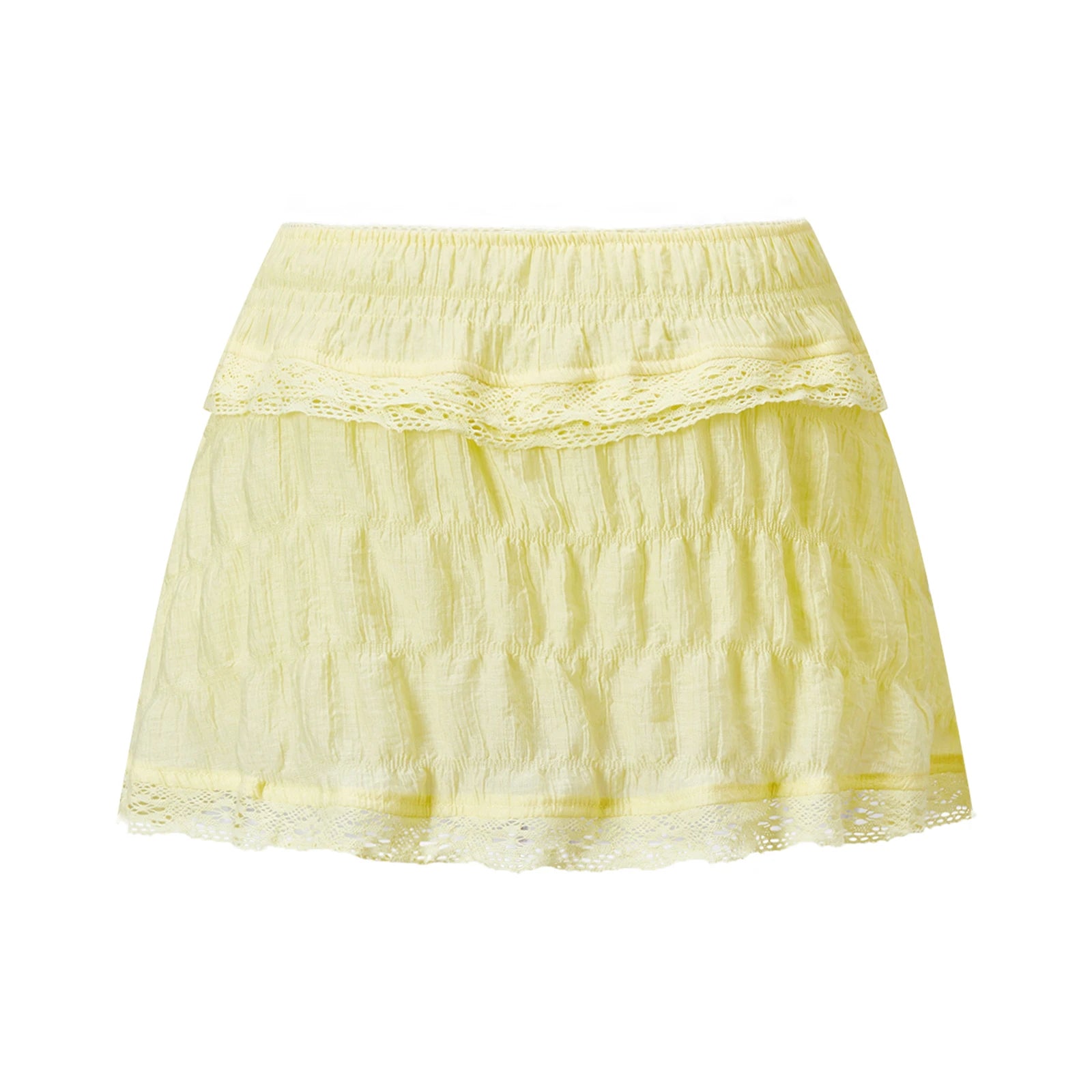 VacationGrabs Women Lace Ruffle Tiered Mini Skort Elastic Waist Low Rise Flowy Micro Skirt Y2K Summer Casual Skirt With Inner Shorts