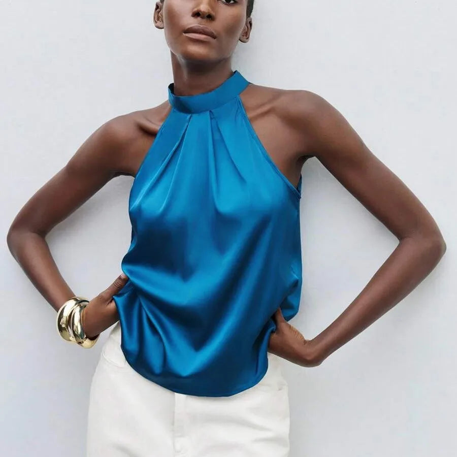 VacationGrabs Elegant Satin Halter Neck Tank Tops Women's Sleeveless Solid Color T Shirt Basic Crop Tops Fashion Summer Party Clubwear
