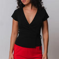 VacationGrabs Ladies Surplice Wrap V‑Neck Short Cap Sleeve T‑Shirt Side Tie Knot Fitted Cropped Top Solid Color Casual Daily Blouse