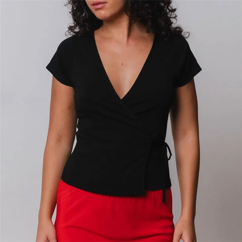 VacationGrabs Ladies Surplice Wrap V‑Neck Short Cap Sleeve T‑Shirt Side Tie Knot Fitted Cropped Top Solid Color Casual Daily Blouse