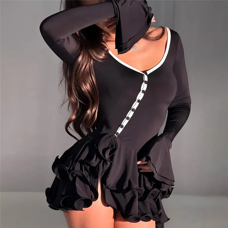 VacationGrabs Women Coquette Mini Bodycon Dress V Neck Diagonal Button Long Flare Sleeve Ruffle Layered Hem Short Dress Party Clubwear
