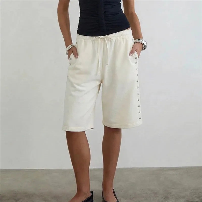 VacationGrabs Women's Knee Length Sweat Shorts with Side Snap Buttons Drawstring Waist Casual Loose Fit Summer Y2K Streetwear