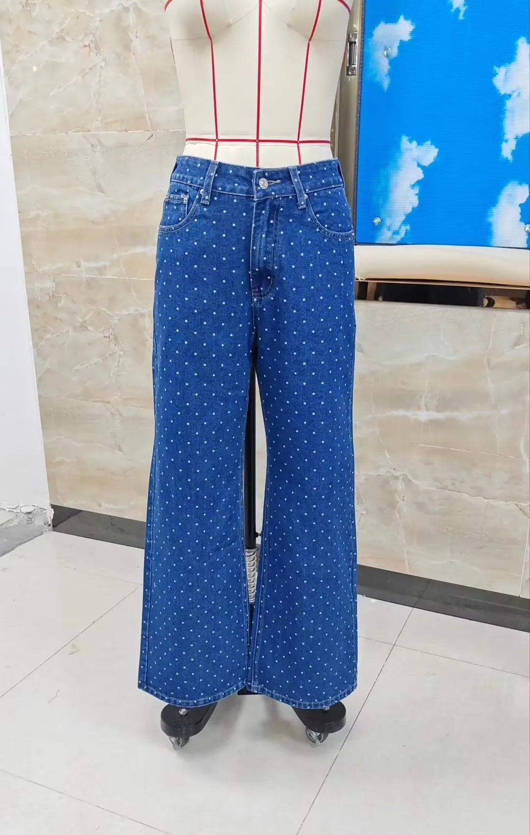 VacationGrabs Y2K Polka Dot Jeans Women Vintage Stretch Wide Leg Denim Pants Casual Distressed Baggy Boyfriend Jeans with Pockets