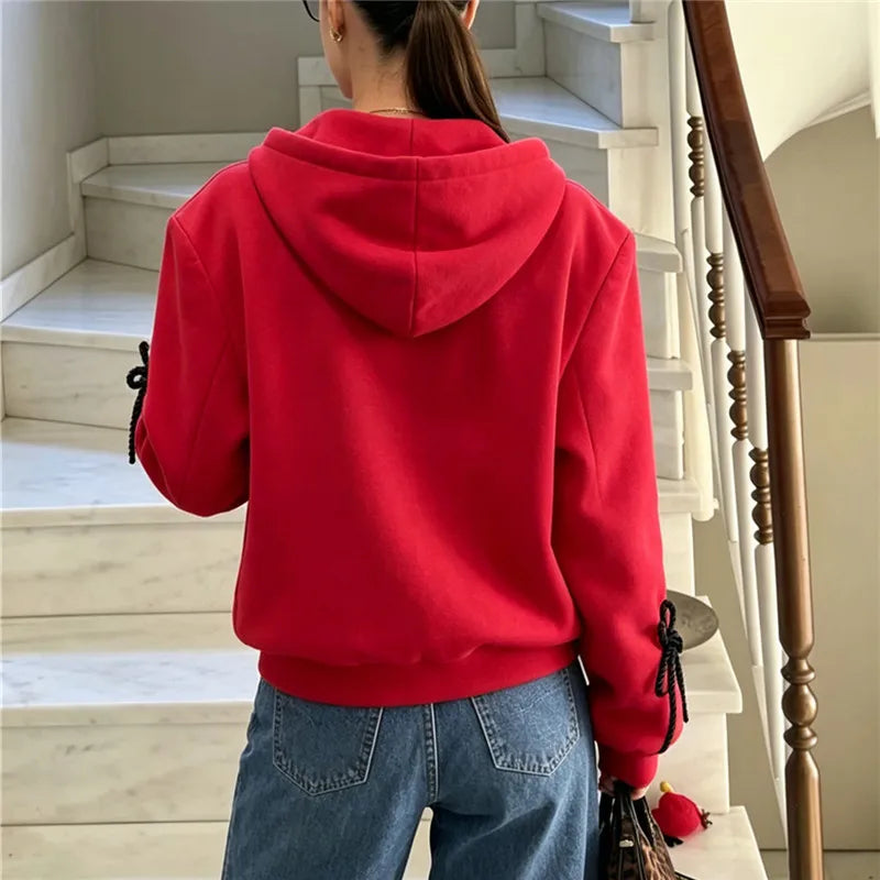 VacationGrabs Y2K Women Structured Shoulder Zip Hoodie 3D Rope Embroidery Braid Trim Jacket Street Fashion Casual Winter Hooded Coat