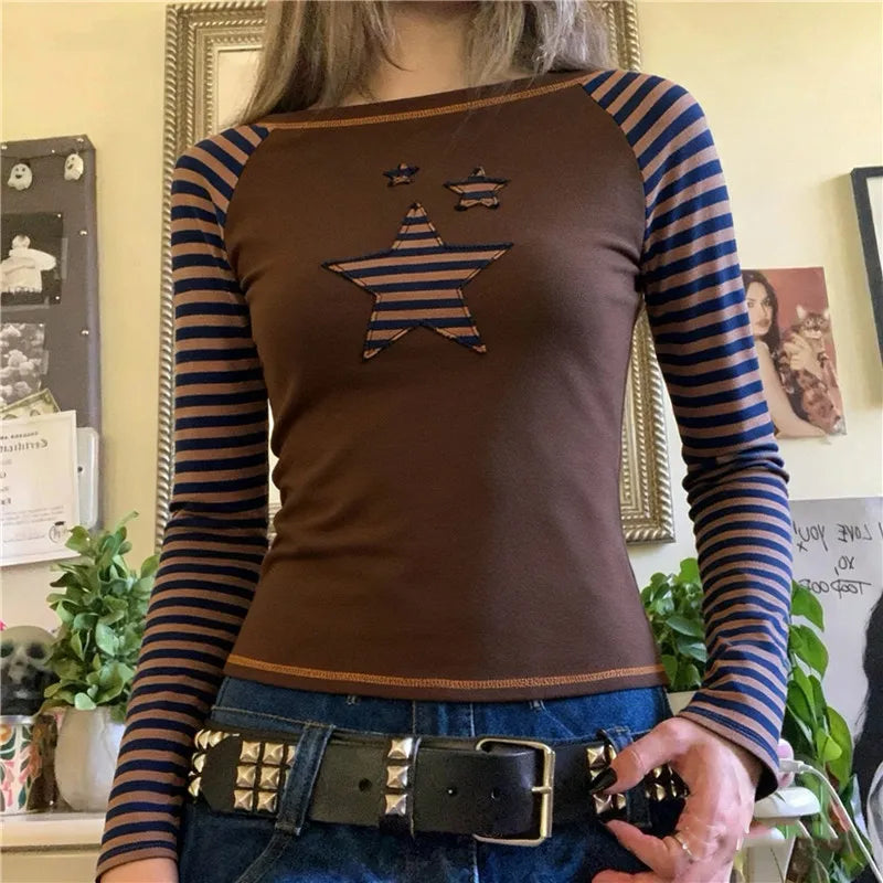 VacationGrabs Vintage Star Raglan Crop Top Ladies Boat Neck Striped Long Sleeve Slim Ribbed Tee Y2K Grunge Street Fashion Short Top