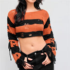 VacationGrabs Y2K Punk Distressed Striped Crop Knit Sweater Women Cross Lace Up Side Long Sleeve Ripped Hole Gothic Streetwear Top