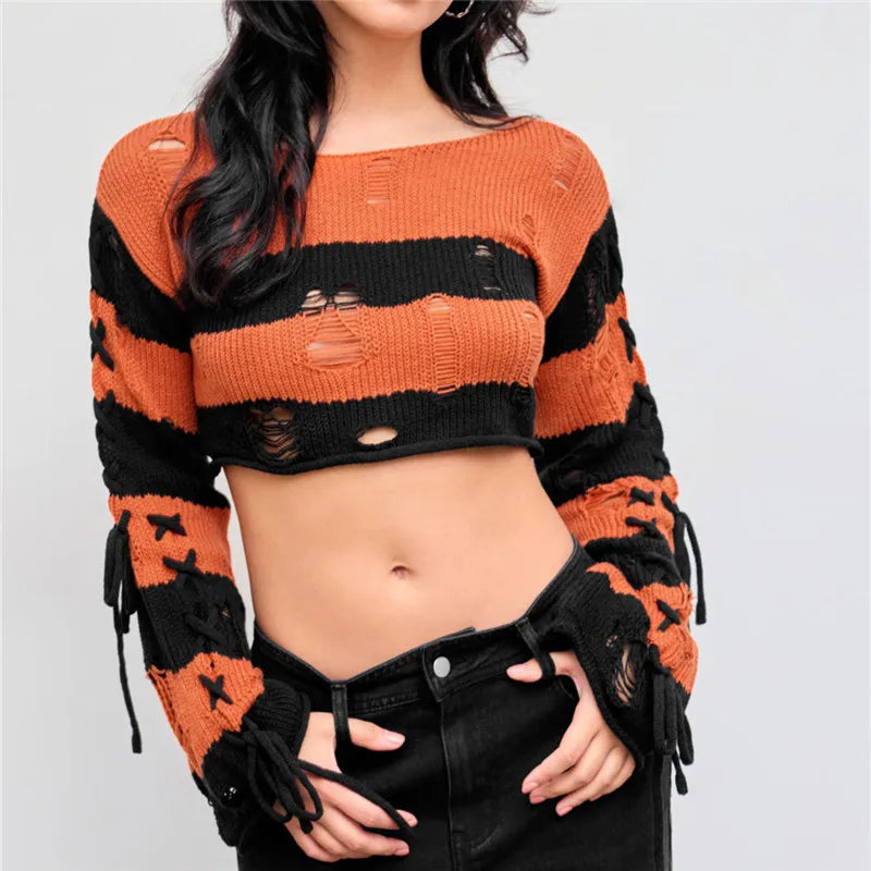 VacationGrabs Y2K Punk Distressed Striped Crop Knit Sweater Women Cross Lace Up Side Long Sleeve Ripped Hole Gothic Streetwear Top
