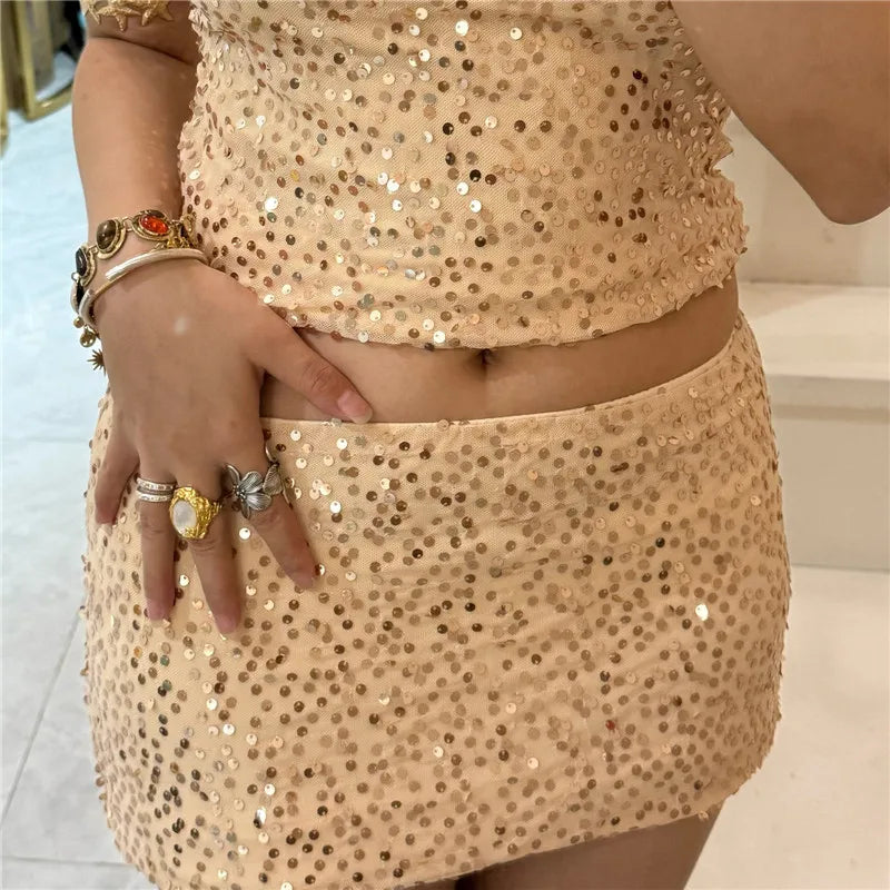 VacationGrabs Women Y2K Sparkly Sequin Mini Skirt Side Tie-up Low Waist Pencil Skirt Glitter Festival Rave Short Skirts Party Clubwear