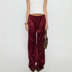 VacationGrabs Women's Satin Silk Solid Color Pants Elegant Elastic Drawstring Waist Loose Fit Trousers for All Seasons Y2K Streetwear