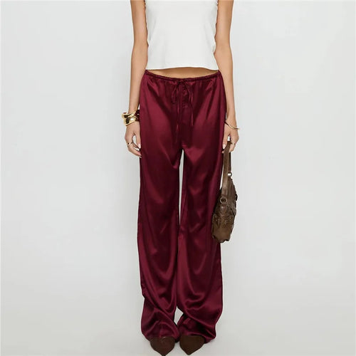 hirigin Women's Satin Silk Solid Color Pants Elegant Elastic Drawstring Waist Loose Fit Trousers for All Seasons Y2K Streetwear