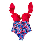 Ruffle Print Floral One Piece Slimming Swimwear - VacationGrabs