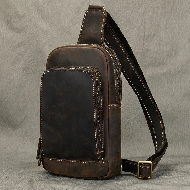 Simple Style Leather Chest Bag Crazy Horse Leather Retro Chest Pack Sling Bag Crossbody Chest Packs Thick Cowhide Men's Bags