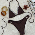 VacationGrabs Women's Summer Bikini Set Fashionable Button Decor Halter Bra with Thong 2Pcs Swimming Pool Bathing Suit