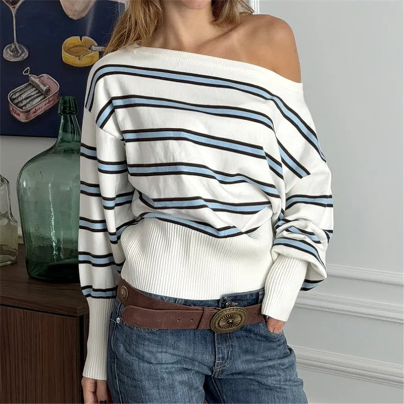 VacationGrabs Vintage Stripe Asymmetrical One Shoulder Knit Top Women Batwing Sleeve Ribbed Hem Cropped Sweater Winter Fall Streetwear