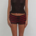 VacationGrabs Drawstring Knit Crochet Shorts Women Summer Low Waist Stripes Print Booty Shorts Grunge Stretchy Shorts HolidayBeachwear