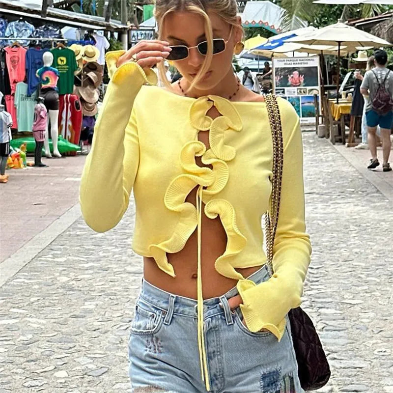 VacationGrabs Ruffled Knit Sweater Cardigan Female Lace-Up Patchwork Long Sleeve Cropped Top Coat Streetwear Autumn Women Knitwear Top