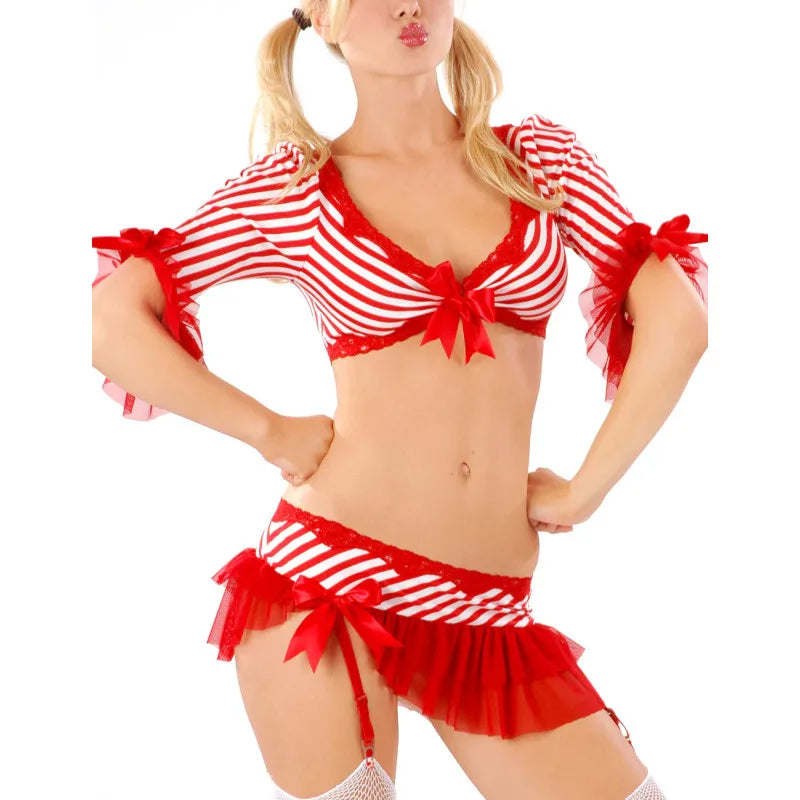 VacationGrabs Women's Striped Candy Girl Christmas Cosplay Costume 3 4 Sleeve Lace Bow Crop Top Ruffle Mini Skirt Party Fancy Dress