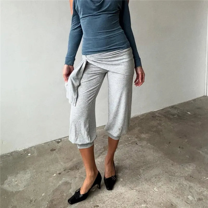 Women Wrap Twist Waist Capri Sweatpants Side Tie Draped Layer Cropped Jogger Pants Casual Soft Modal Lounge Trousers Streetwear