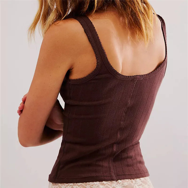Women Vintage Lace Trim Ribbed Tank Top Front Single Button Open Front Split Slim Crop Cami Y2K Streetwear Going Out Camisole