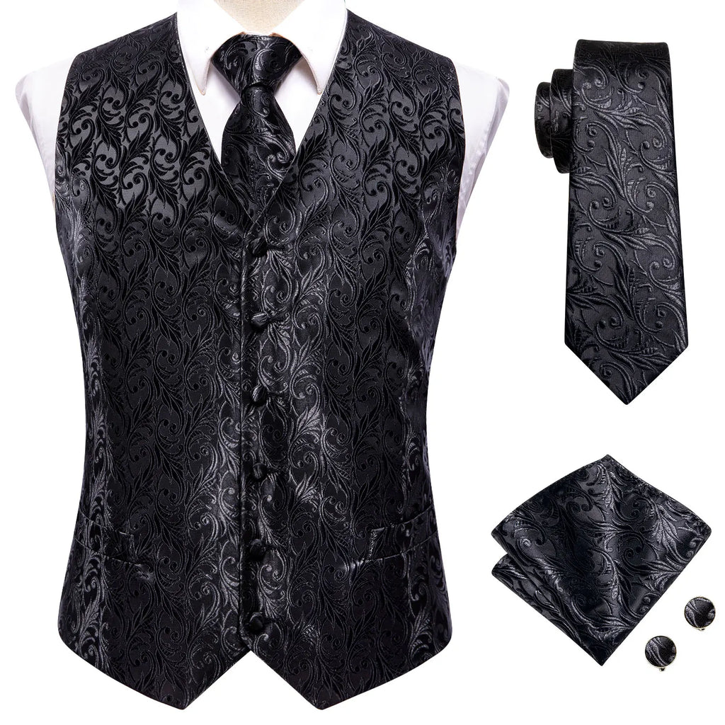 Men's black paisley vest set with necktie how to tie and matching accessories