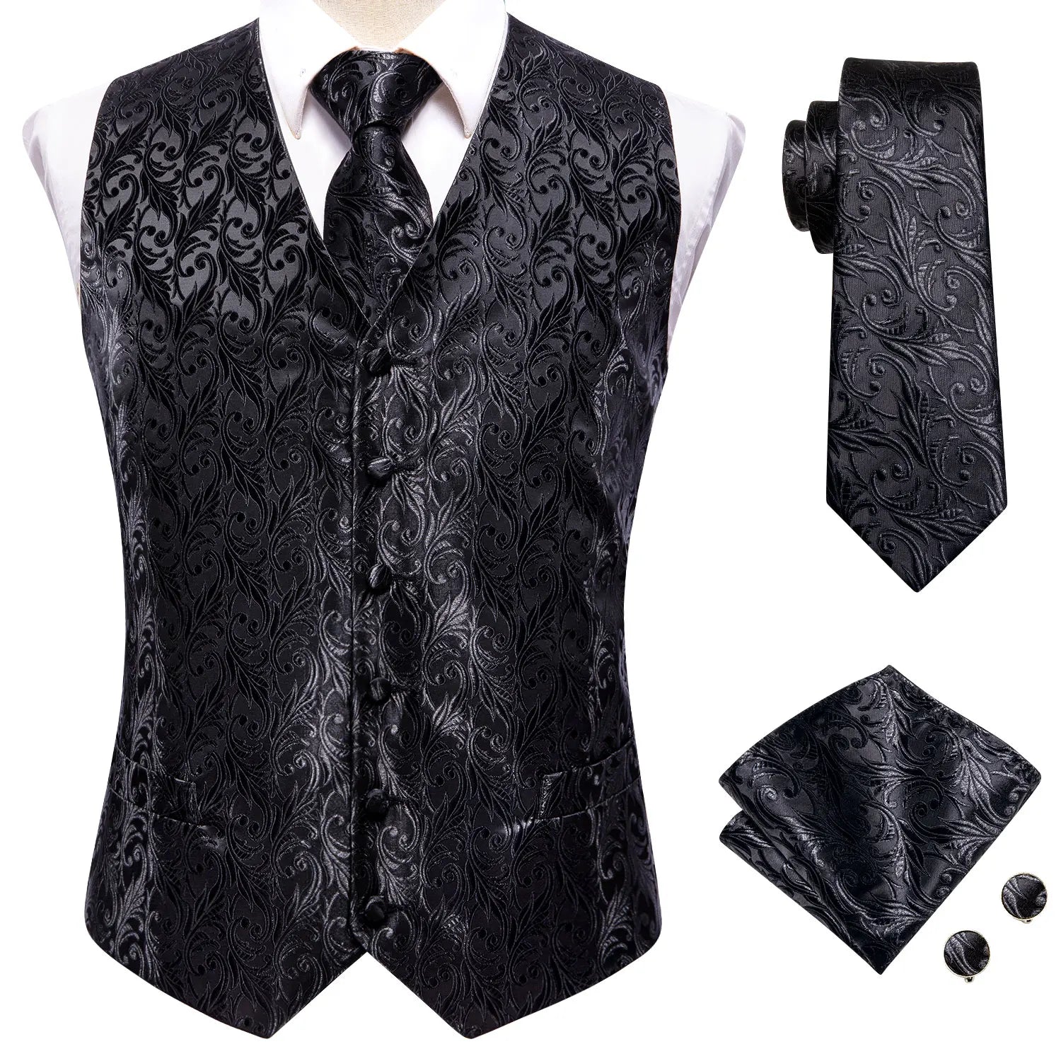 Men's black paisley vest set with necktie how to tie and matching accessories
