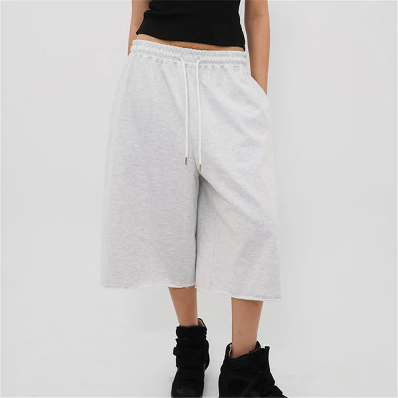 VacationGrabs Ladies Raw Edge Bermuda Sweat Pants Elastic Drawstring Waist Loose Wide Leg Casual Knee Length Capri Jogger Trousers