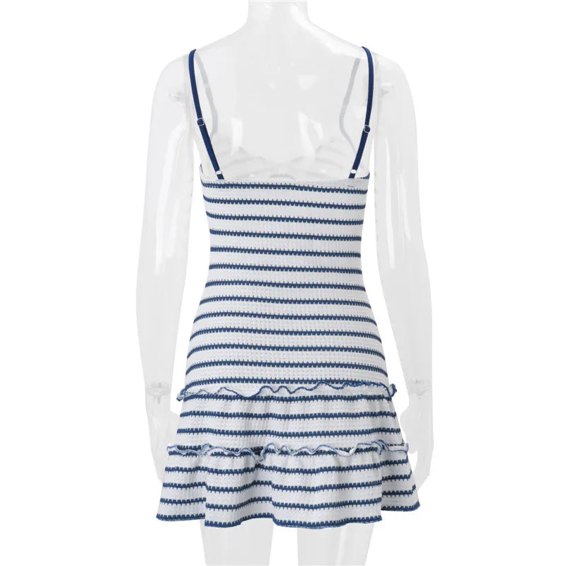 VacationGrabs Women Striped Cami Mini Dress Lace Trim V Neck Bow Detail Ruffle Hem Spaghetti Strap Bodycon Short Dress Summer Beach