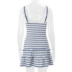 VacationGrabs Women Striped Cami Mini Dress Lace Trim V Neck Bow Detail Ruffle Hem Spaghetti Strap Bodycon Short Dress Summer Beach